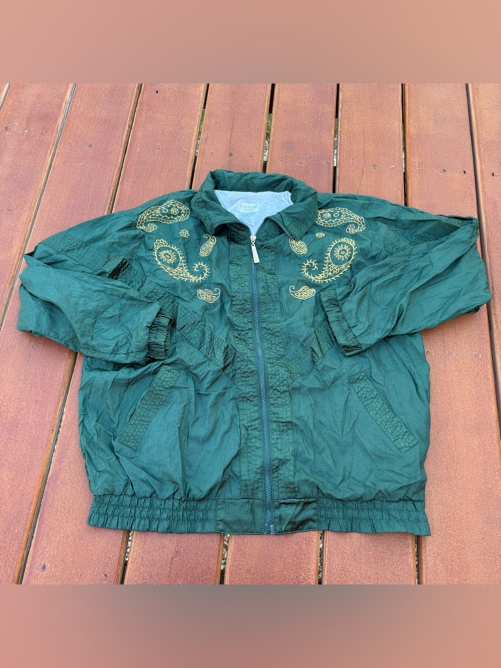 Vintage Adolfo Green Windbreaker Jacket Embroidered paisley 90s retro